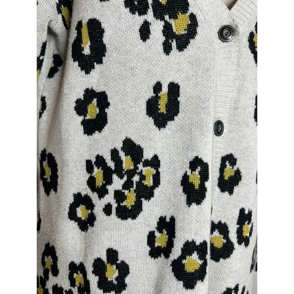 Cabi Leopard Print Cardigan Grey Black Yellow Button Up Oversized Sweater XS